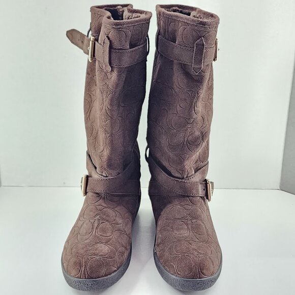 Coach Thelma Boots A4671 Womens Size 7B Brown Logo Embossed Suede Slip On - Picture 2 of 10